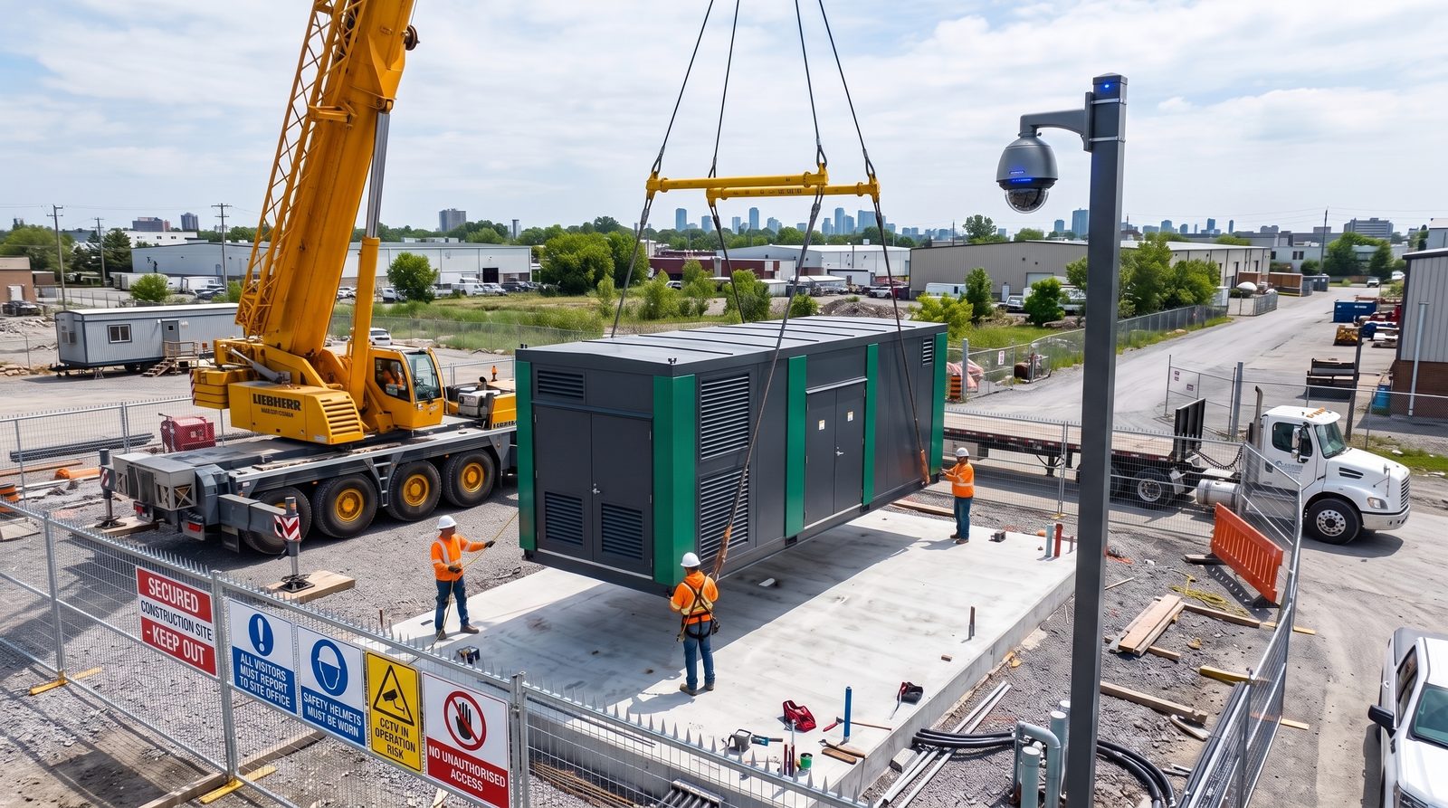 A modular data centre unit being installed on site by crane