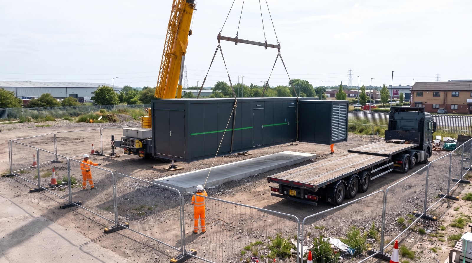 Concept visualisation: a module being lifted by crane onto its prepared base