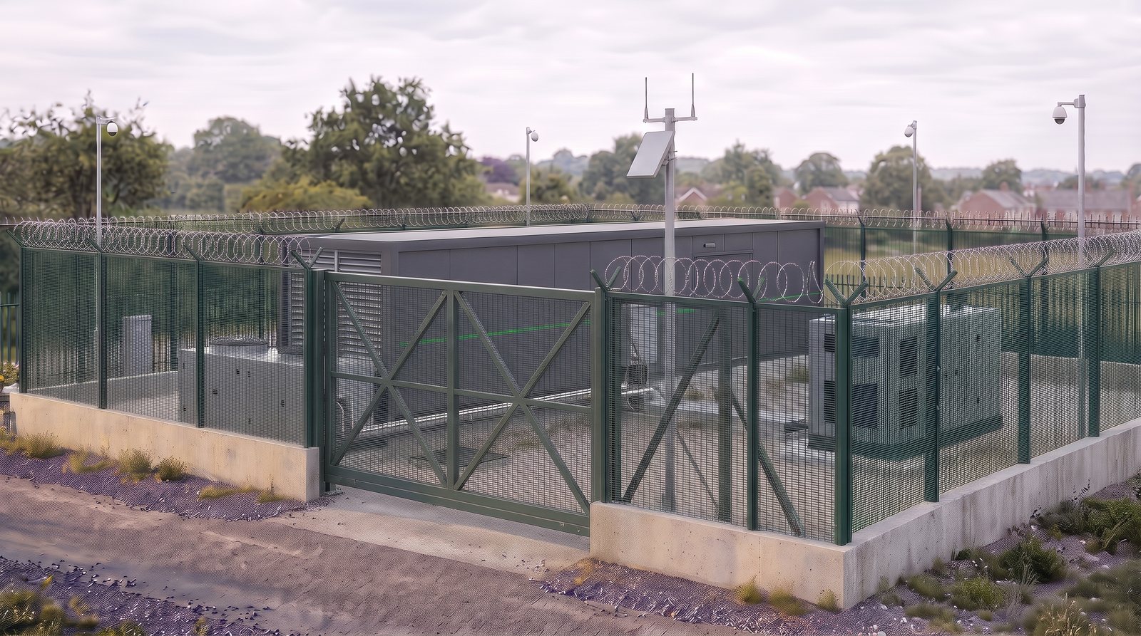 Concept visualisation: a Green EDGE Data module inside a secure compound, with a concrete anti-ram wall, a high anti-climb fence, a vehicle gate, CCTV and external plant