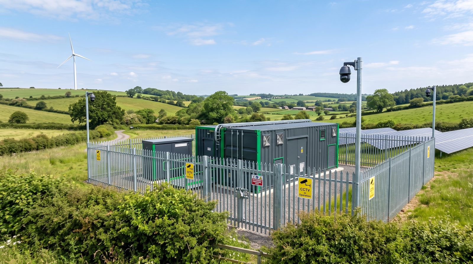 A modular data centre powered by on-site solar and battery in a green landscape