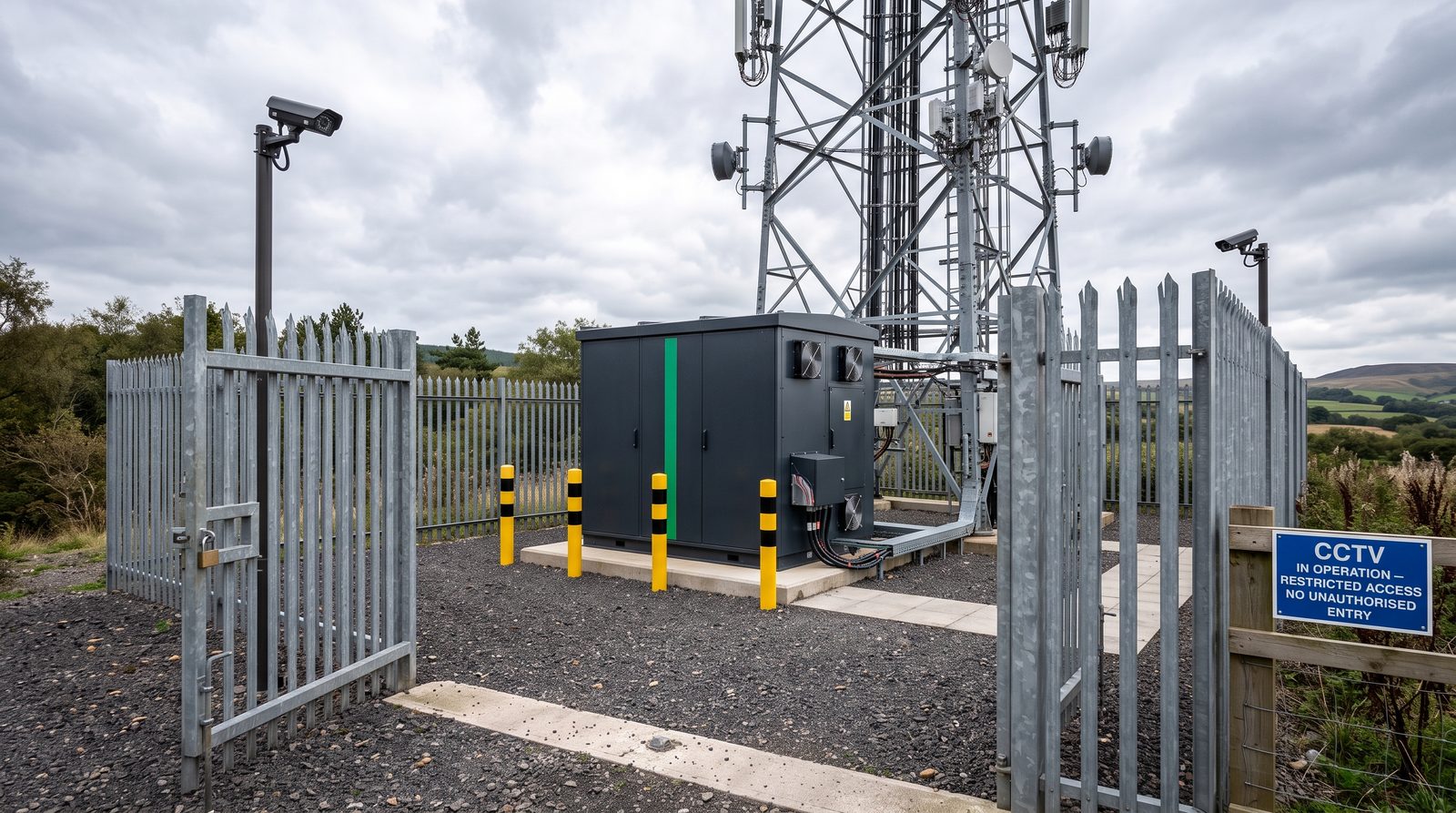 A secured micro edge data centre at a telecom mast site — palisade fence, gate and CCTV