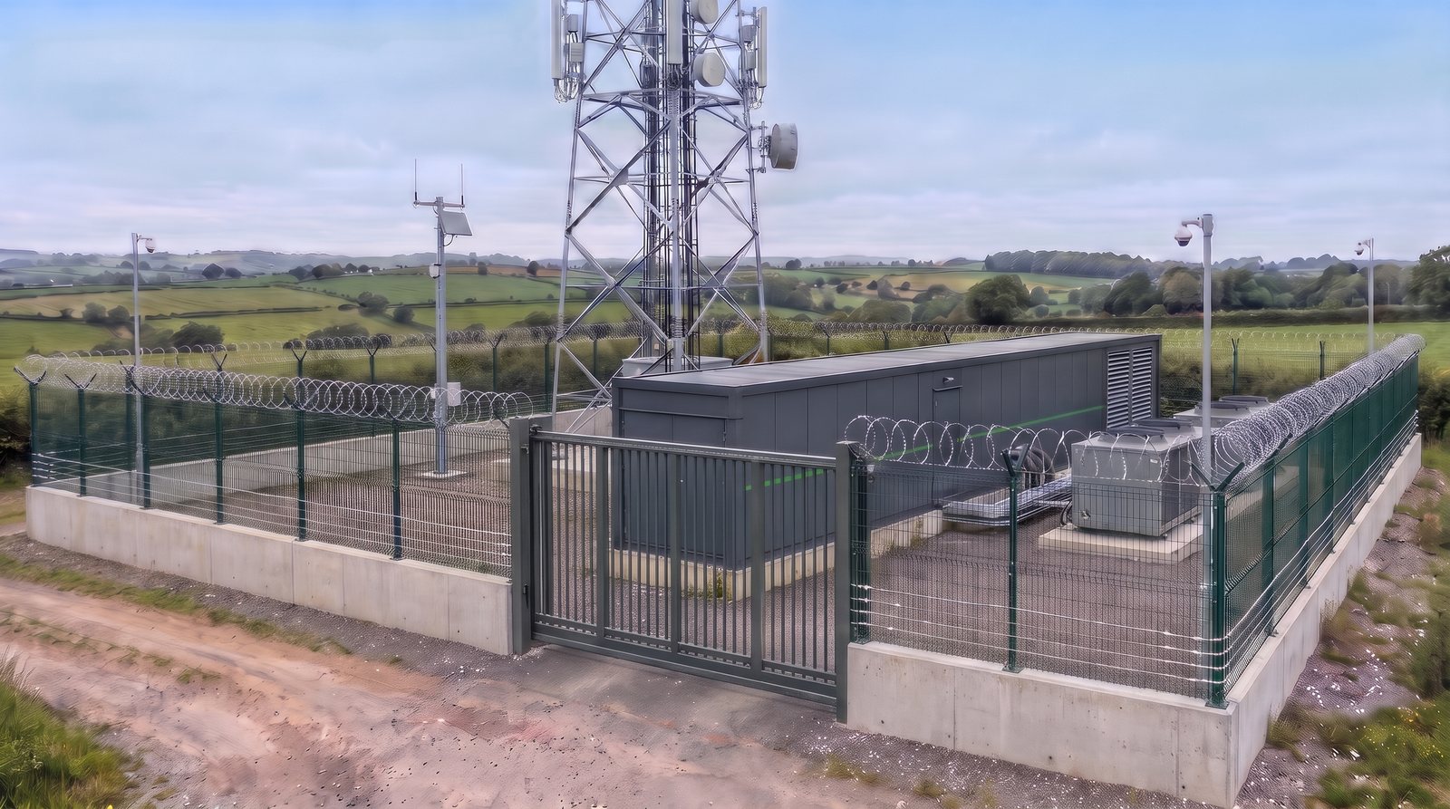 Concept visualisation: a full-size Green EDGE Data module beside a telecom mast, inside a secure compound with an anti-ram wall, a high fence, a gate and CCTV